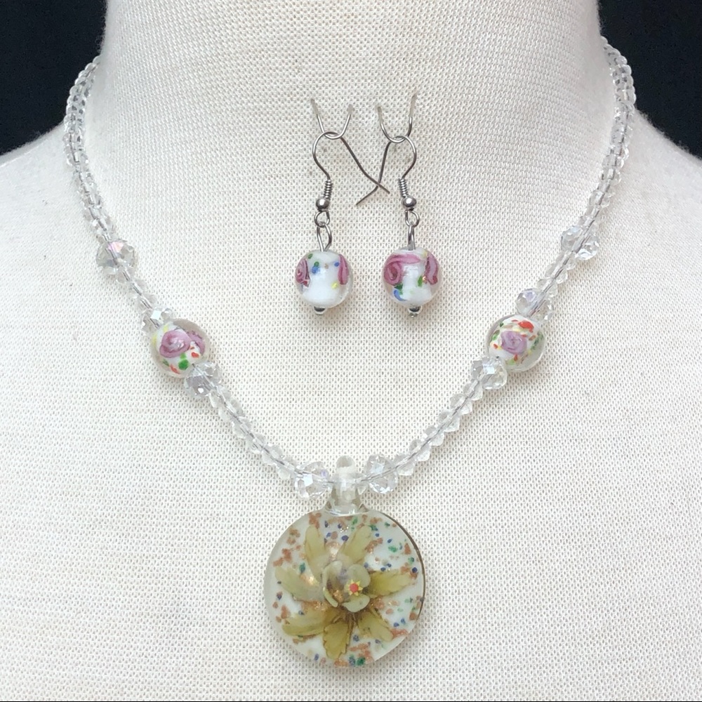 Handmade Murano Style Flower Art Glass Necklace Earrings Set